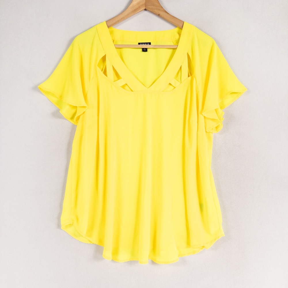 Torrid Top Sz 0 US Large Neon Yellow Georgette Cage Front Short Sleeve Cutout